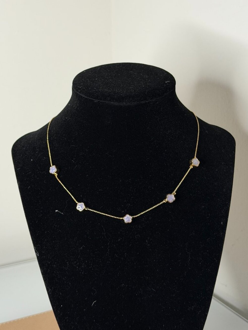 Gold Clover Flower Stations Collar Necklace Light Stone Statement Jewelry